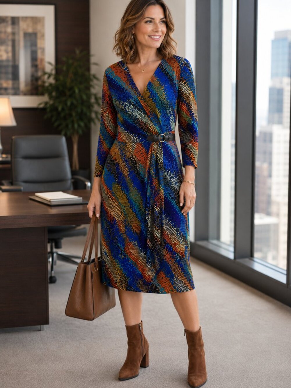 London Style Faux Wrap Dress Size 10 Colorful Artsy Abstract Print Belt Detail